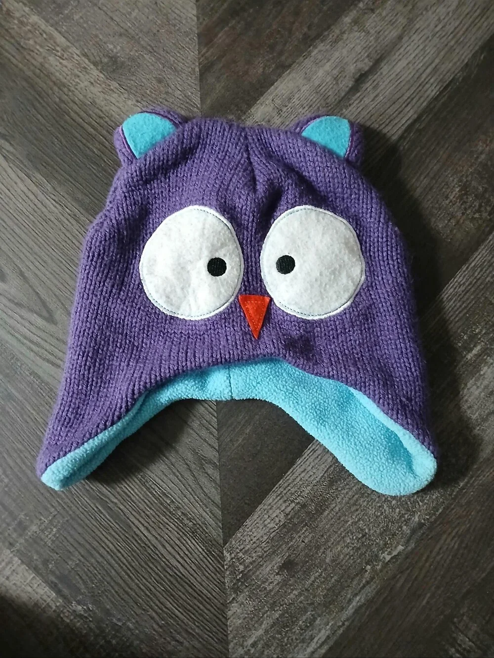 Kids Purple Owl Knit Earflap Hat with Blue Lining